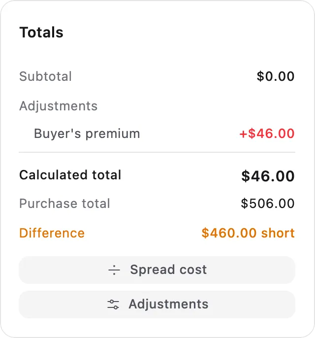 An open purchase's totals: $506 paid, $46 accounted for so far, and the $460 still to spread shown as the difference.