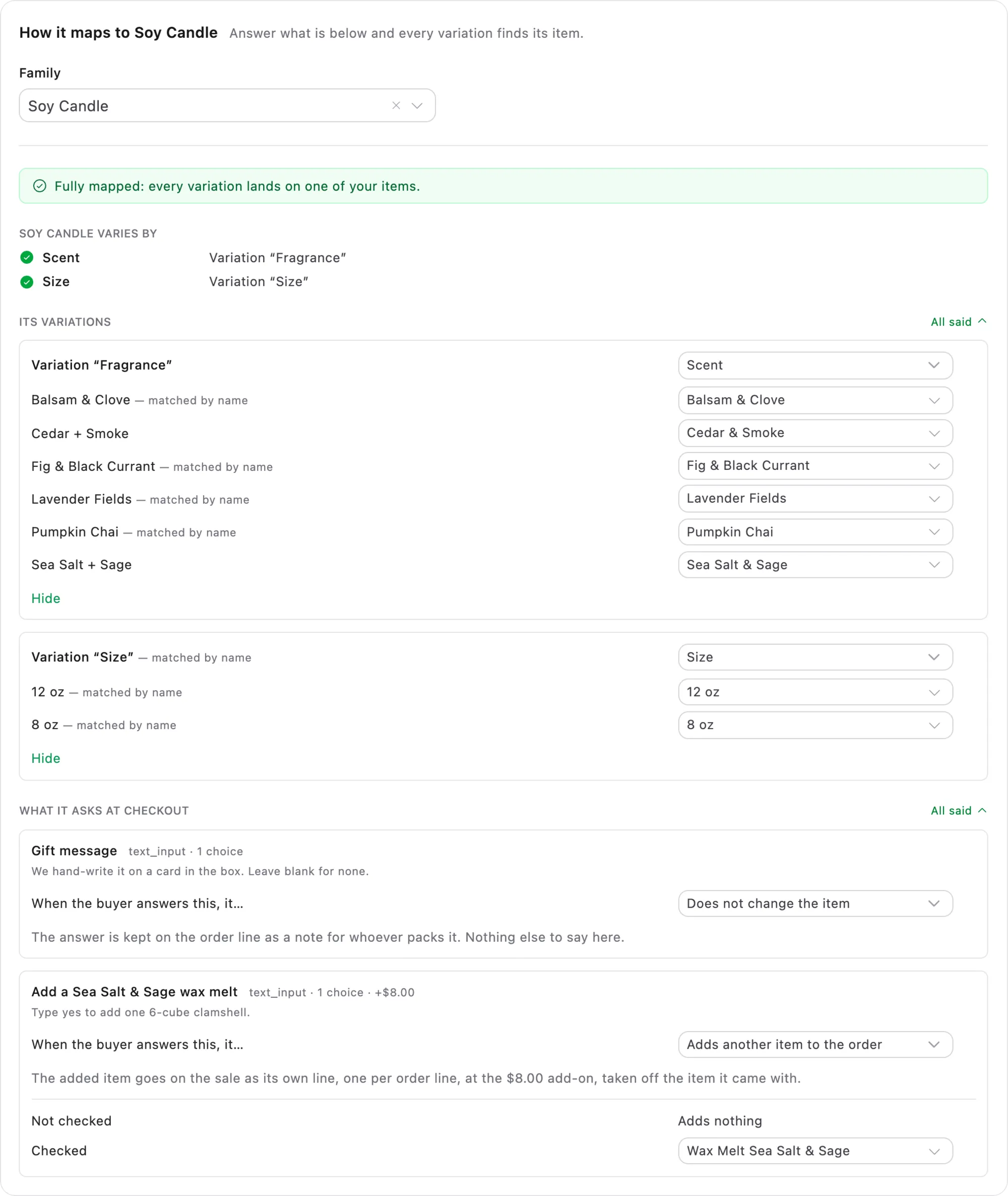 How an Etsy listing maps to a candle item family: no checkout answer changes the item, the listing sells the Soy Candle family, and each of its fragrance variations is matched to a scent by name.