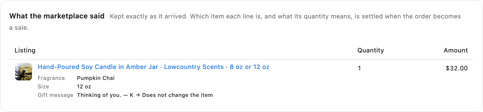 An Etsy order line as the marketplace stated it: the listing, the fragrance and size the buyer chose, and a gift message recorded as not changing the item.