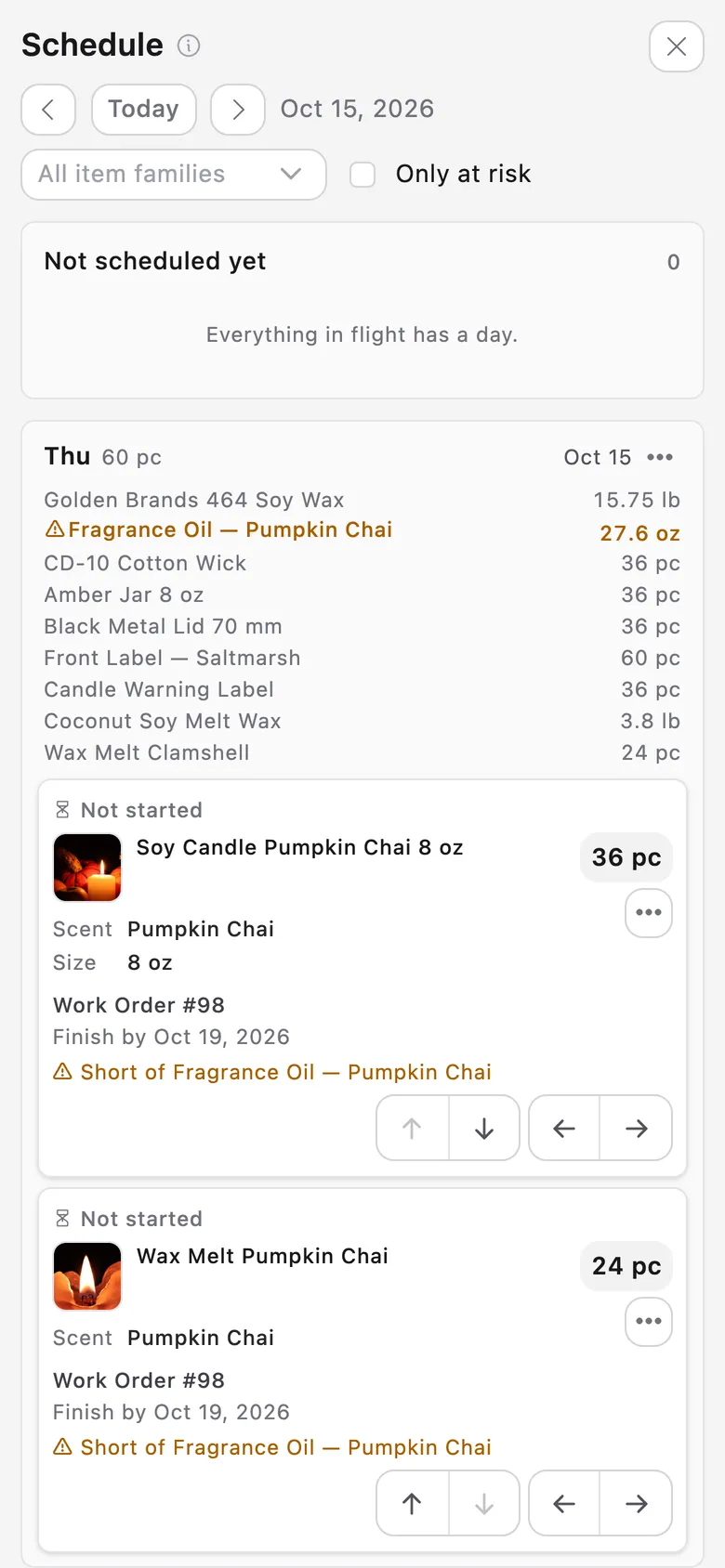 The production schedule on a phone, one day at a time, with the work not yet scheduled above it.