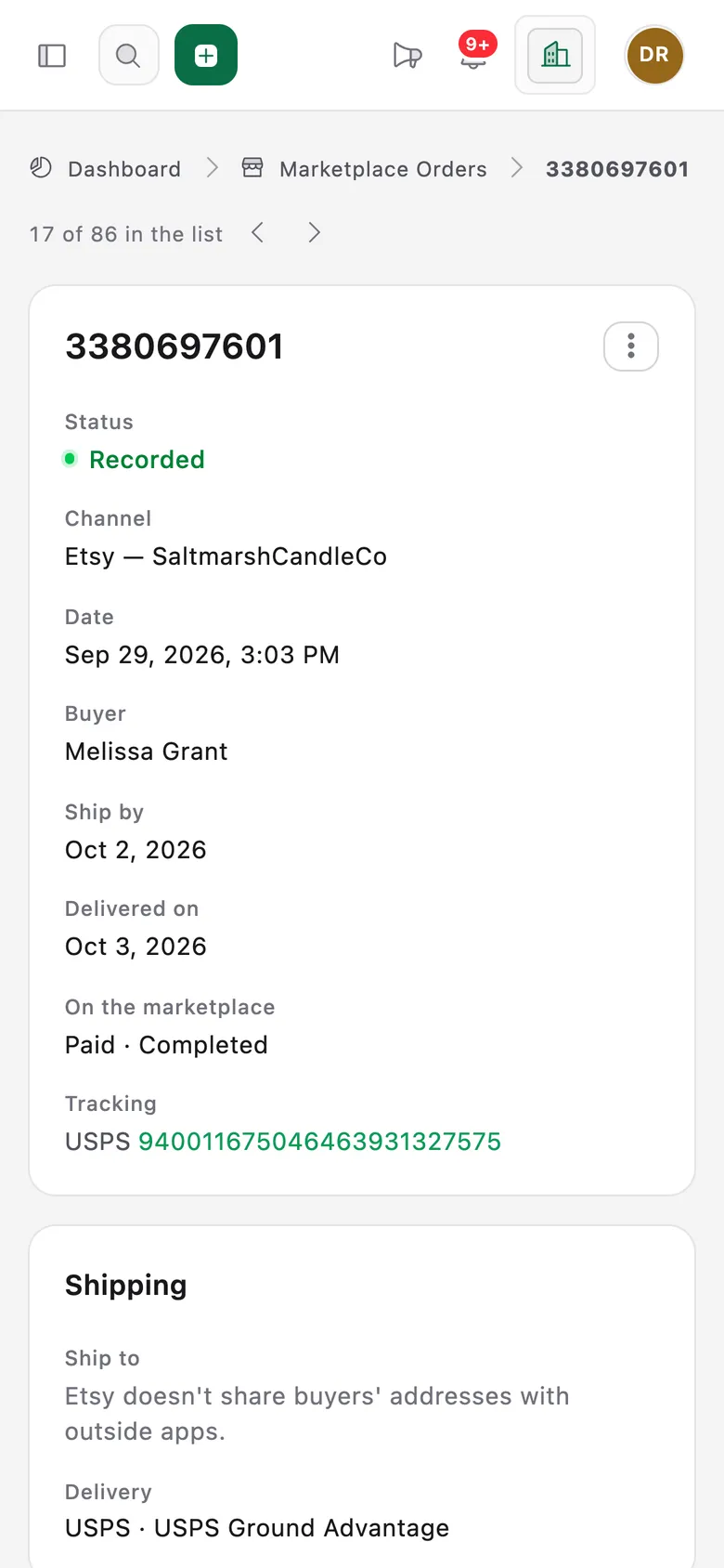 An Etsy order on a phone: its status, buyer, ship-by and delivery dates, and the tracking number.